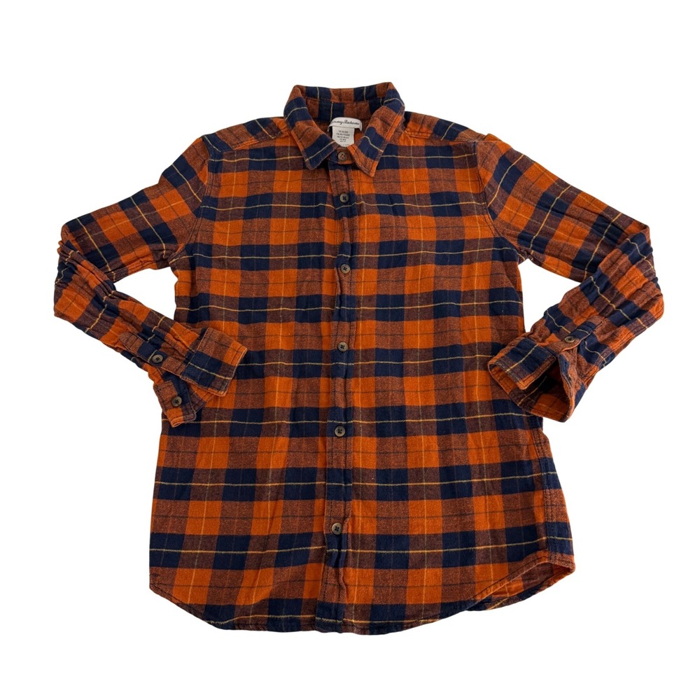 Tommy Bahama‎ Button Down Shirt Boys XL 14 Plaid Flannel Orange Navy Resortwear